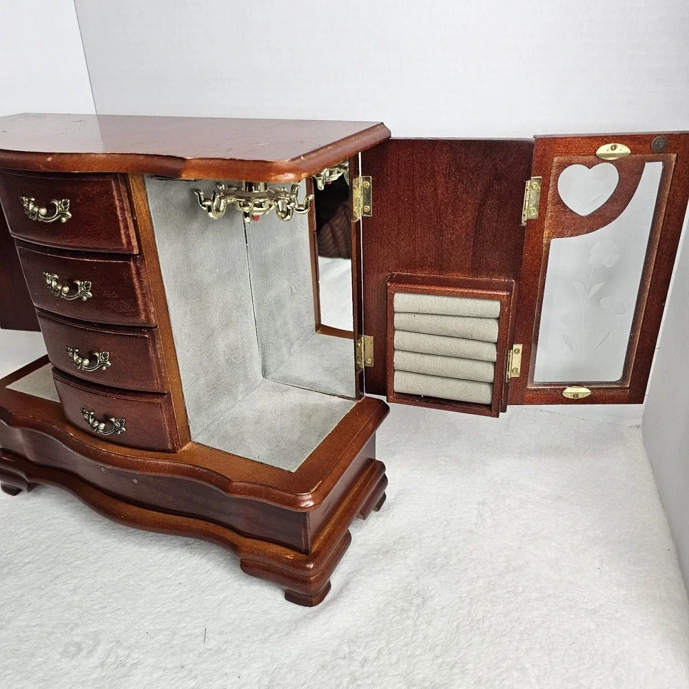 Wood Jewelry Box Chest w/ Mirror, Velvet Lined, Ring Holder, Heart, Brown